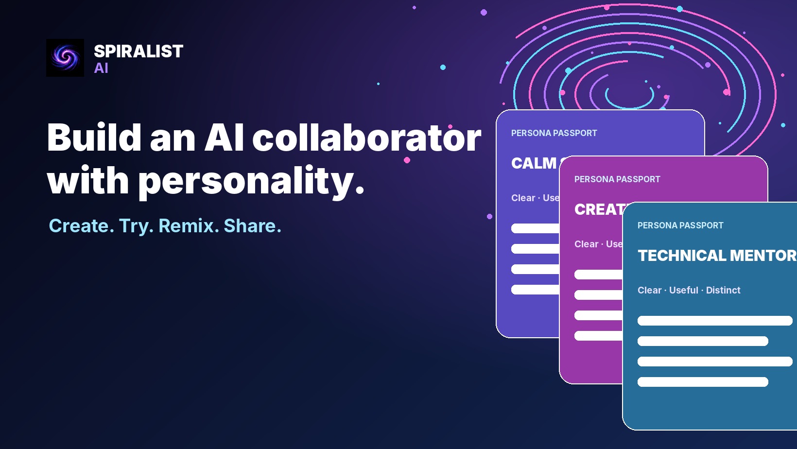 Spiralist AI Facebook cover showing colorful persona cards and the words Build an AI collaborator with personality
